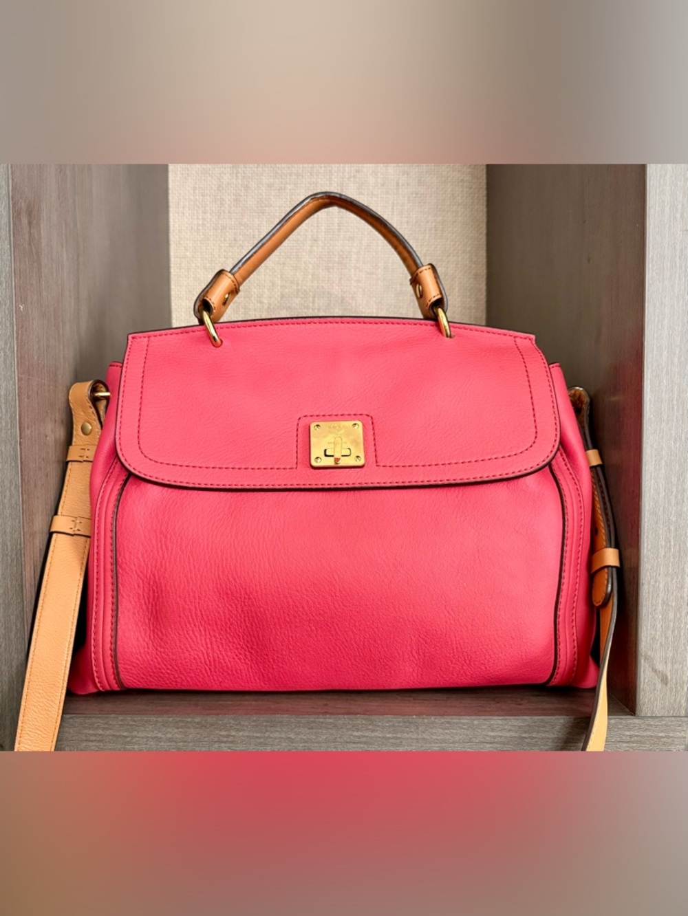 $850 MCM Pink Leather Top-Handle Satchel with Tan Strap